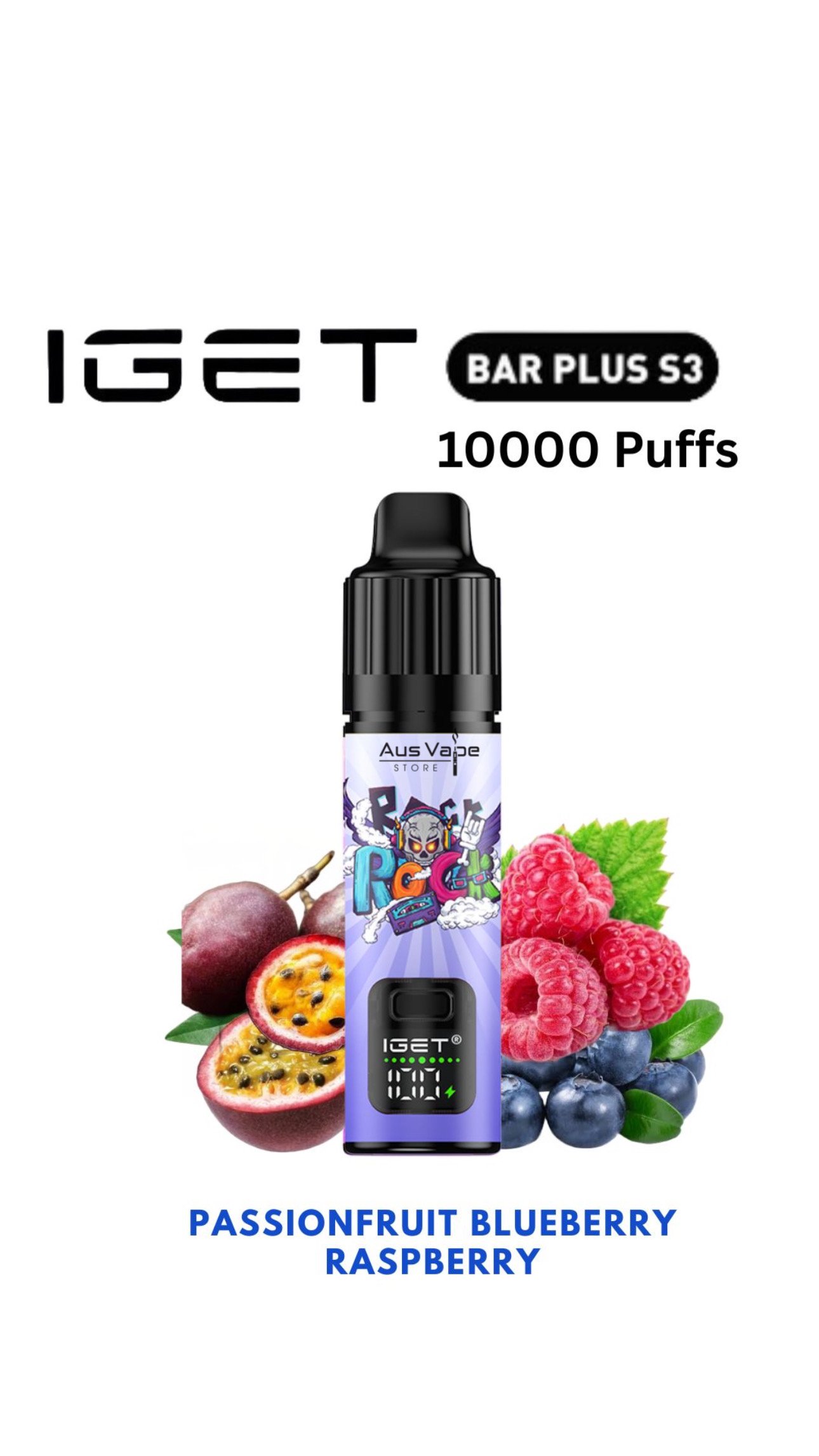 IGET BAR PLUS KIT S3 – PASSIONFRUIT BLUEBERRY RASPBERRY – 10 000 PUFFS