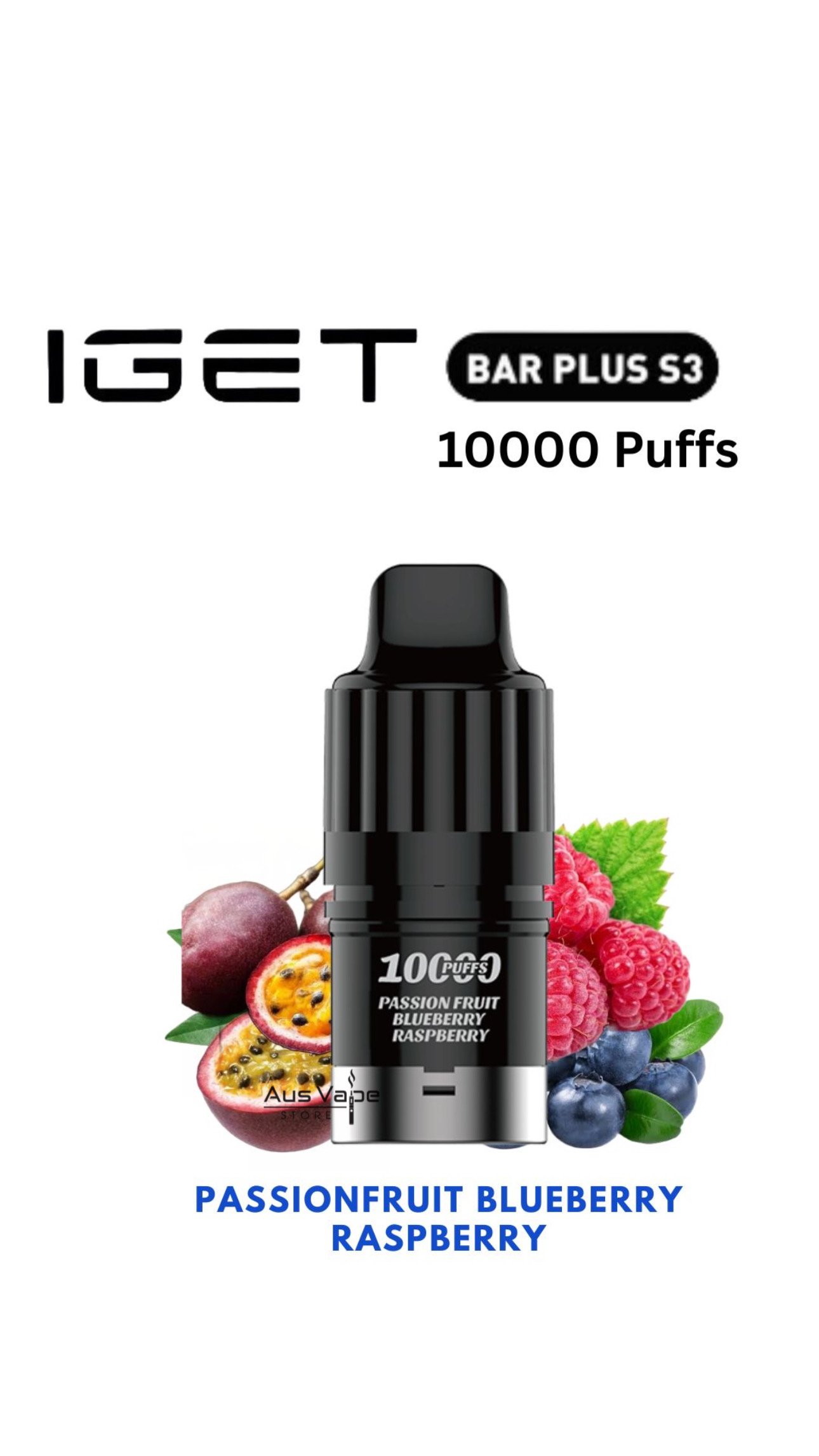 IGET BAR PLUS S3 POD ONLY – PASSIONFRUIT BLUEBERRY RASPBERRY – 10.000 PUFFS
