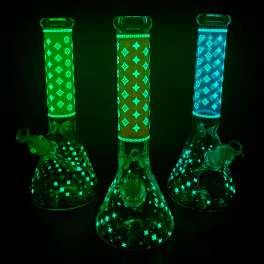 LV Pattern 7mm Beaker Bong-Glow In The Dark-14.5″