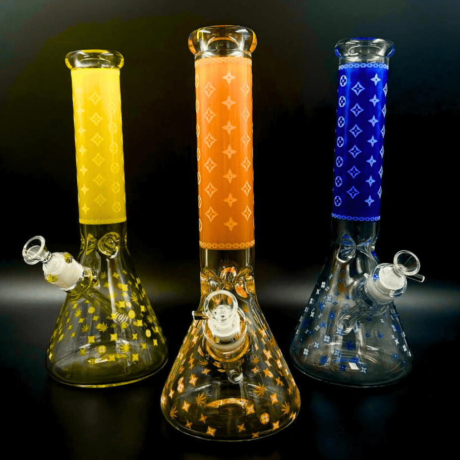 LV Pattern 7mm Beaker Bong-Glow In The Dark-14.5″ - Image 2