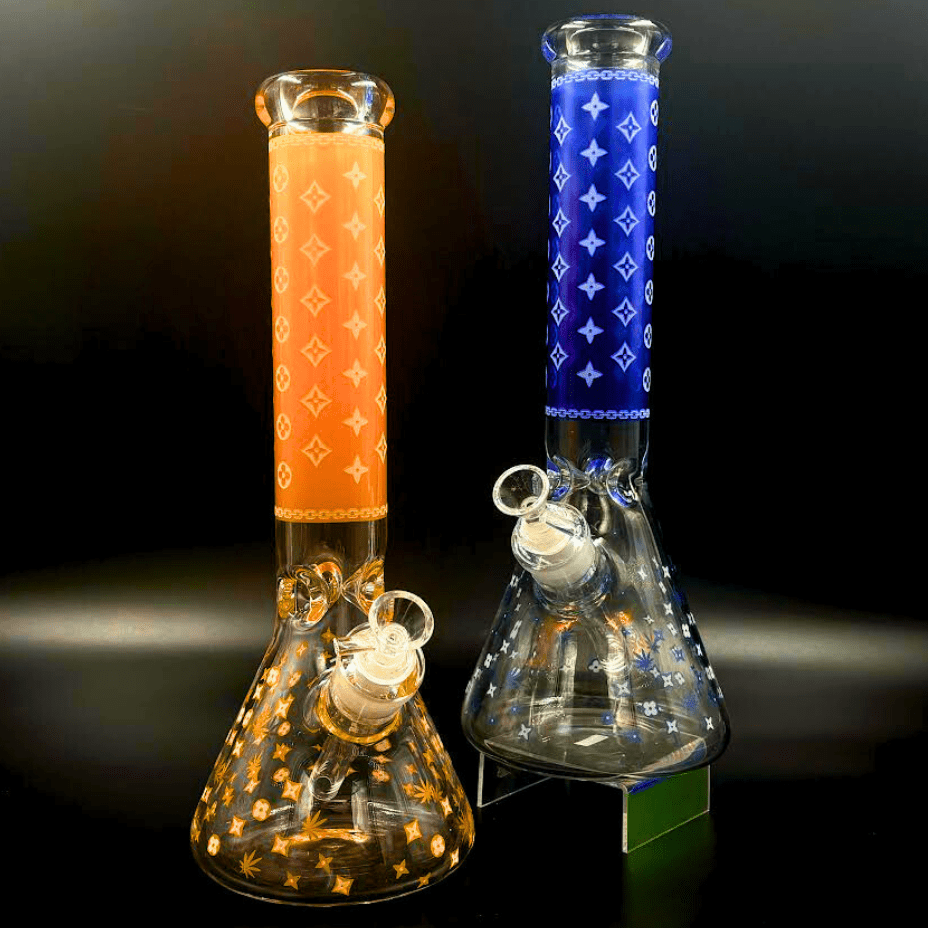 LV Pattern 7mm Beaker Bong-Glow In The Dark-14.5″ - Image 3