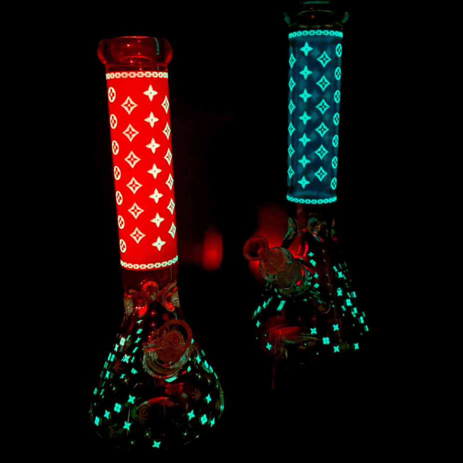 LV Pattern 7mm Beaker Bong-Glow In The Dark-14.5″ - Image 4