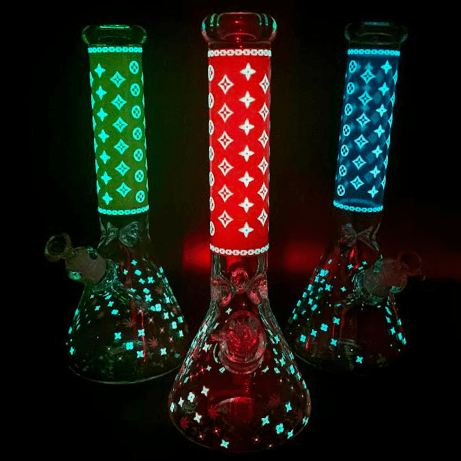 LV Pattern 7mm Beaker Bong-Glow In The Dark-14.5″ - Image 5