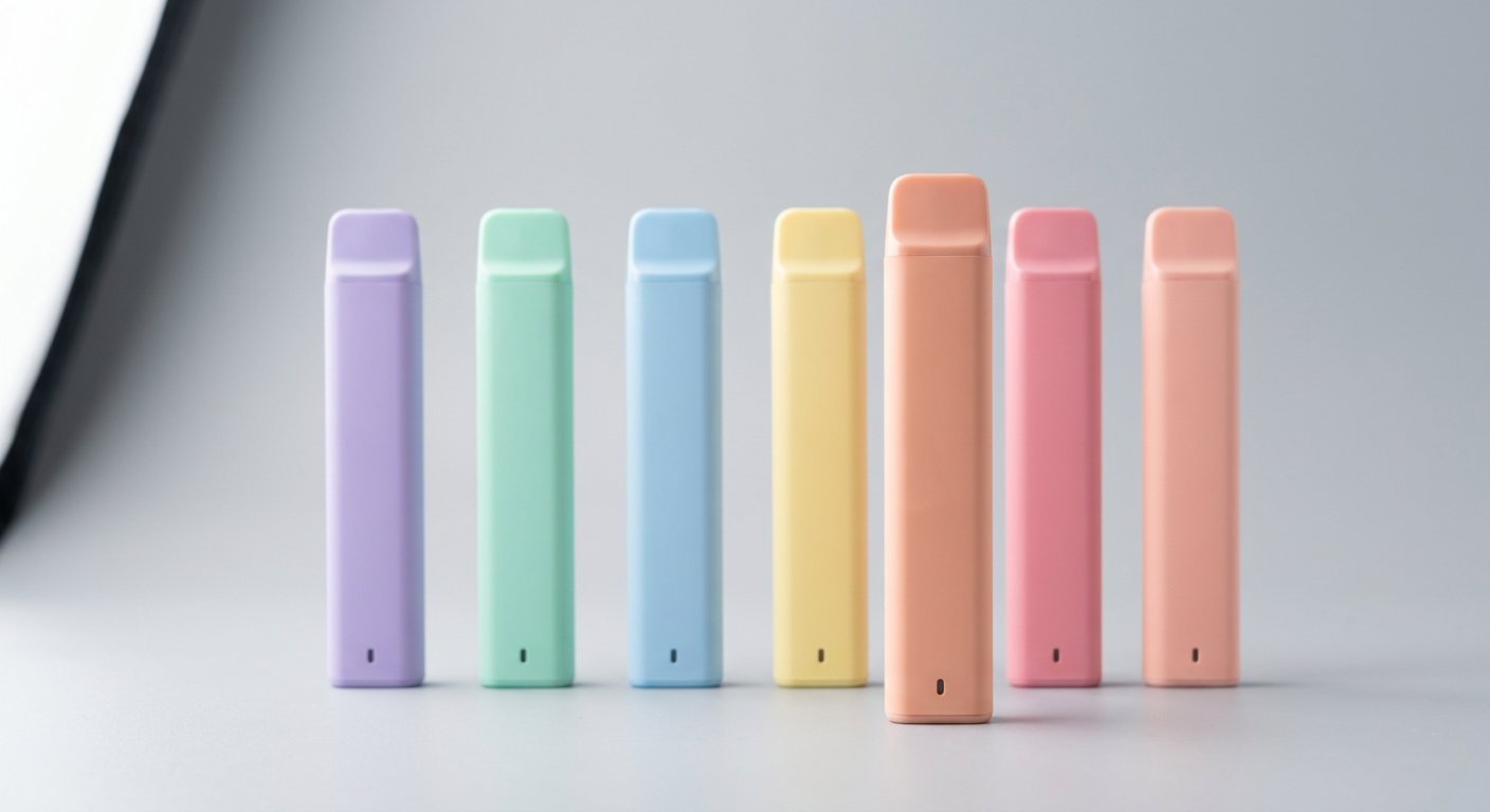 A multi-pack of bar vape devices in mixed colours arranged neatly on a clean white background