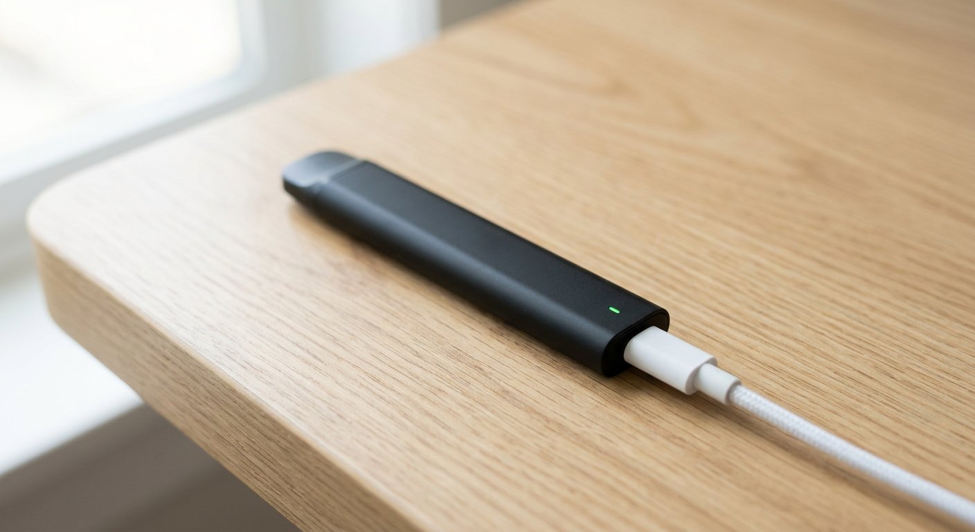 A bar vape device plugged into a USB charger on a desk, warm evening light