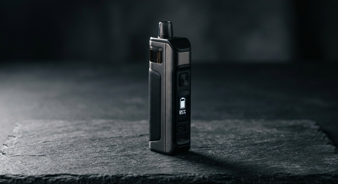 A large high-capacity bar vape device standing on a wooden desk near a window with soft morning light