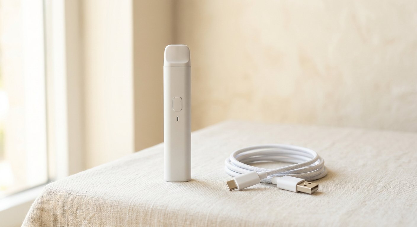 A simple slim bar-style vape device on a bright white desk with sunglasses, clean friendly product photography