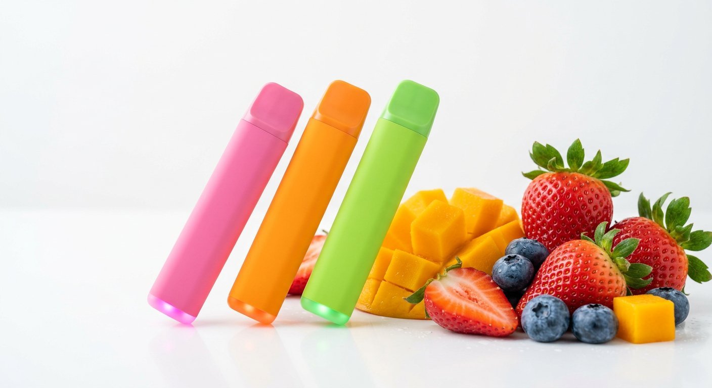Colorful bar-style vape devices arranged next to fresh strawberry mango and blueberry fruit on a bright clean surface